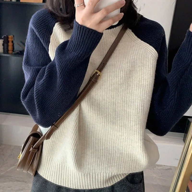 

Round Neck Contrasting Color Knitted Sweater New Design Sense Autumn and Winter Casual Long Sleeved Set Base Sweater Women's Top