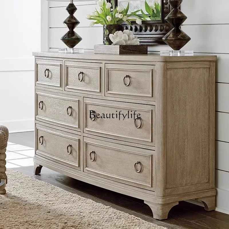 

01 American retro solid wood chest, bedroom storage cabinet with drawers for storage