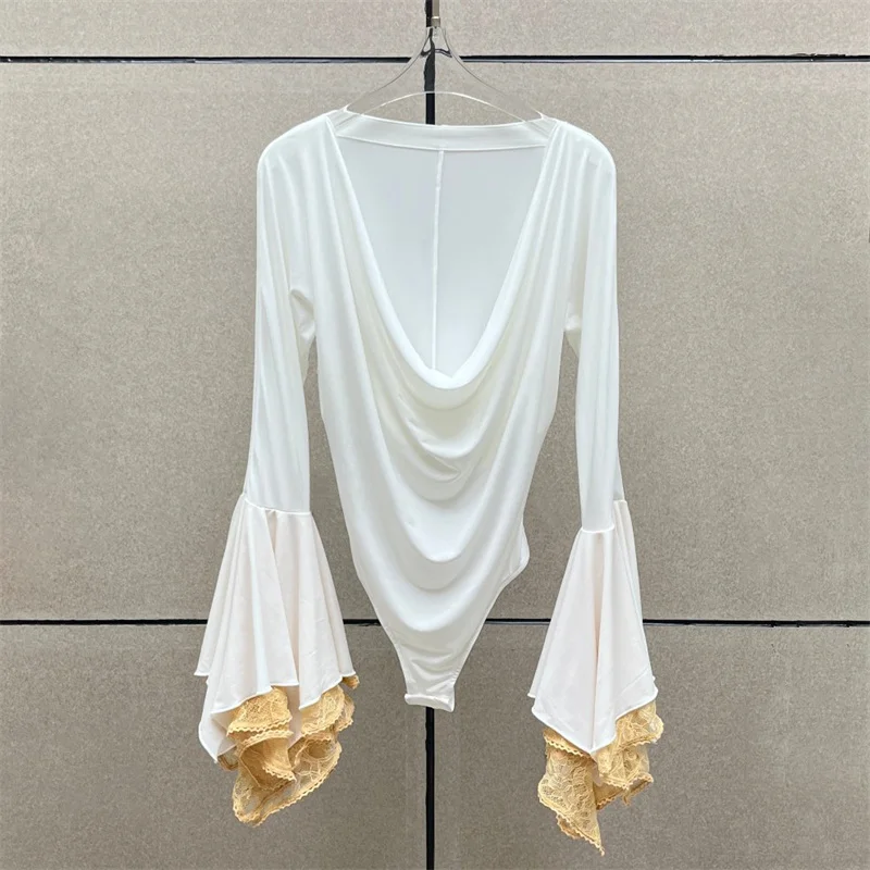 women's bodysuits 2026 Autumn New Lace Splicing Women's Long Sleeve Top flared sleeve slim fit V-neck pullover Women's T-shirt