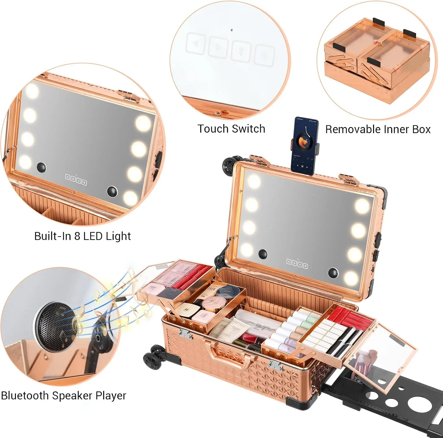 Mirror and Bluetooth Speaker Professional Cosmetic Organizer Case with Wheels, Stands Portable Makup Station Vanity view 2