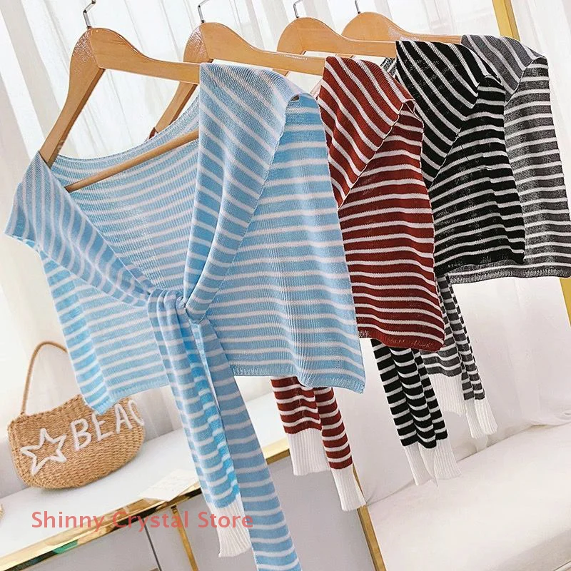 

Summer Striped Sunscreen Thin Small Cape Knitted Air-Conditioned Room Shawl Female Outerwear