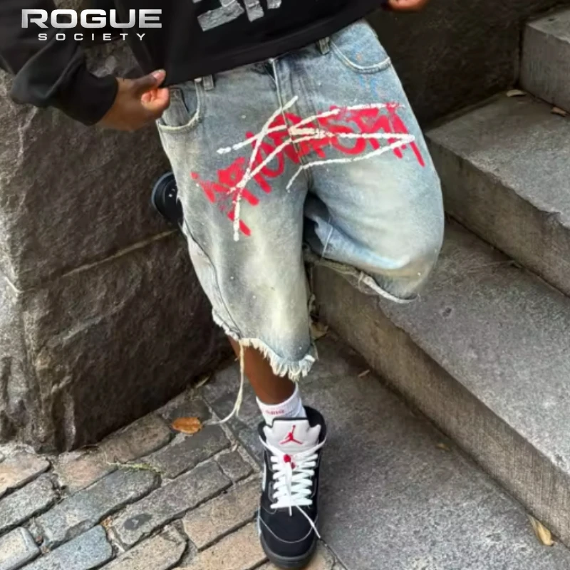 

Bermuda Retro Blue Washed Men Denim Summer Shorts Frayed Hem Leg Y2K Graffiti Jorts Streetwear Hip Hop Casual Loose Pants Unisex