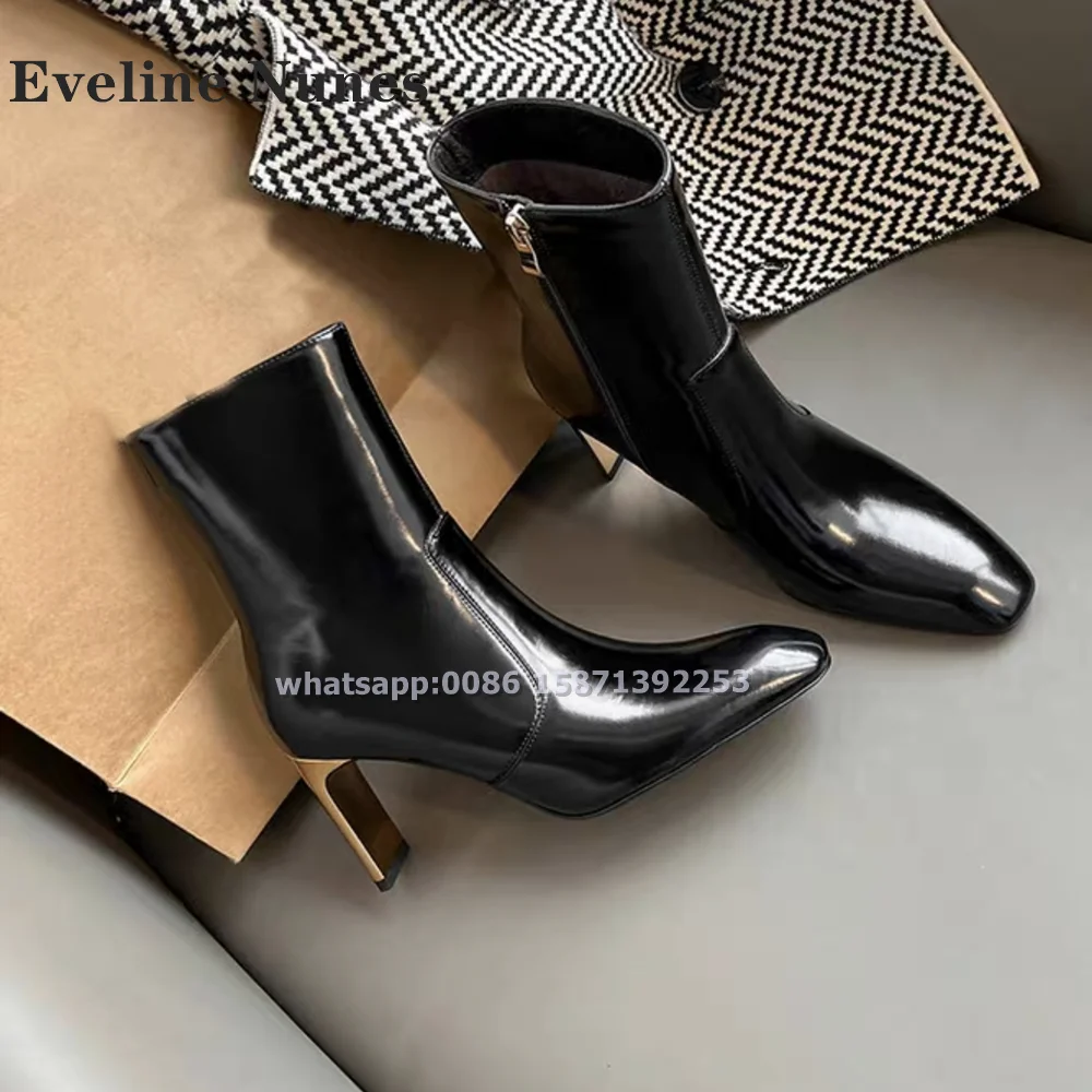 Golden Blade Heel Black Booty Square Toe Height Increasing Patent Leather Knee High Boots Solid Sexy Fashion Booties 2024 Autumn