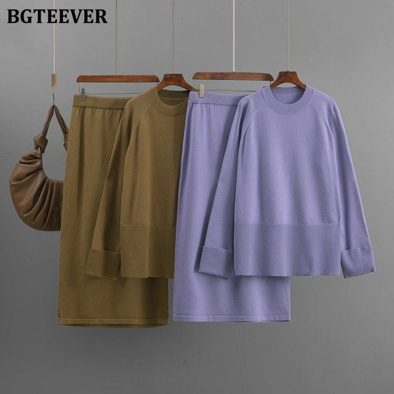 

BGTEEVER, осенне-зимний элегантный женский комплект из 2 предметов, вязаный комплект, пуловеры с длинными рукавами и круглым вырезом, свитера и юбки трапециевидной формы, женская одежда