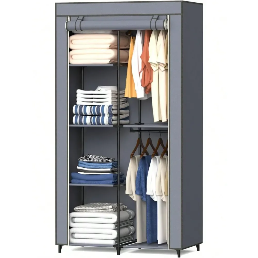 

Closet, Wardrobe Closet With 6 Storage Shelves And 2 Hanging Rods, NonWoven Fabric Cover, 34.6 X 17.X 66.1 Inches Closet Organi
