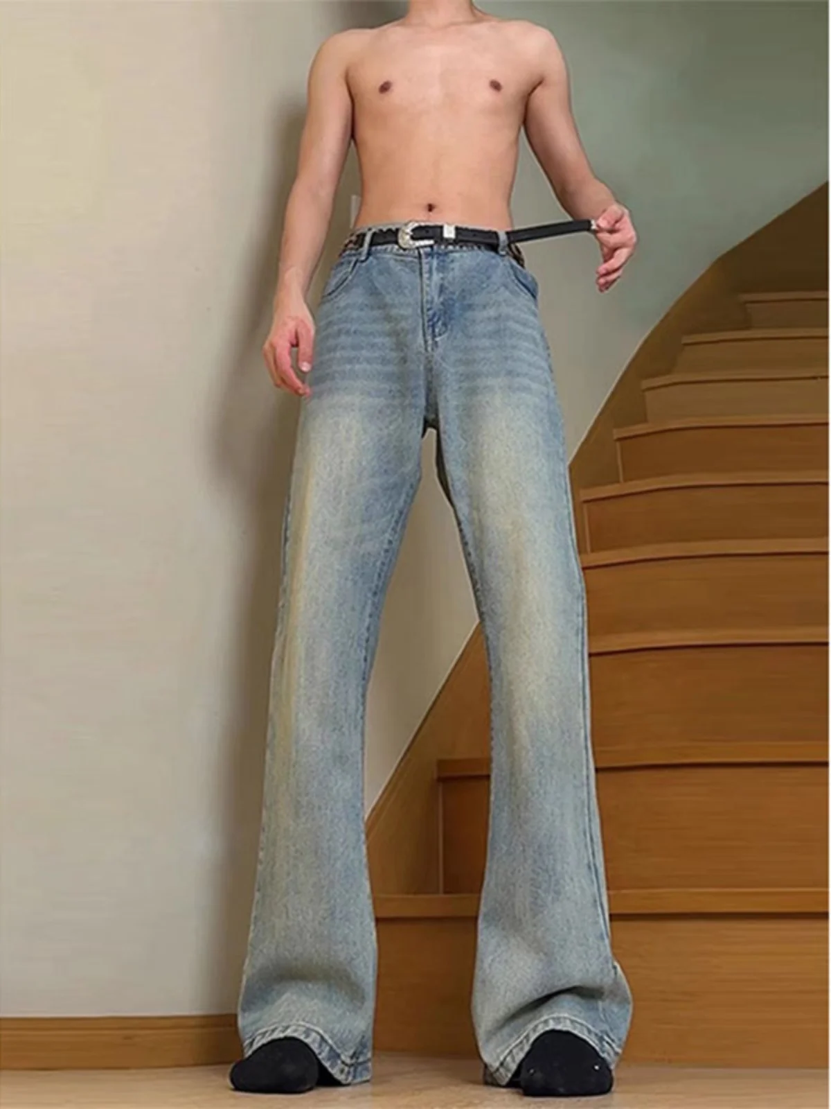 

American High Street Wide Leg Jeans Men's CleanFit Washed Straight Blade Pants Elastic Extended Version Jeans Youth Trend