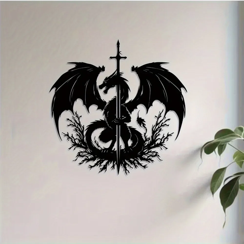1pc Dragon Sword Metal Wall Art - Weatherproof Iron Dragon Sculpture Indoor Outdoor Fantasy Decor Gift