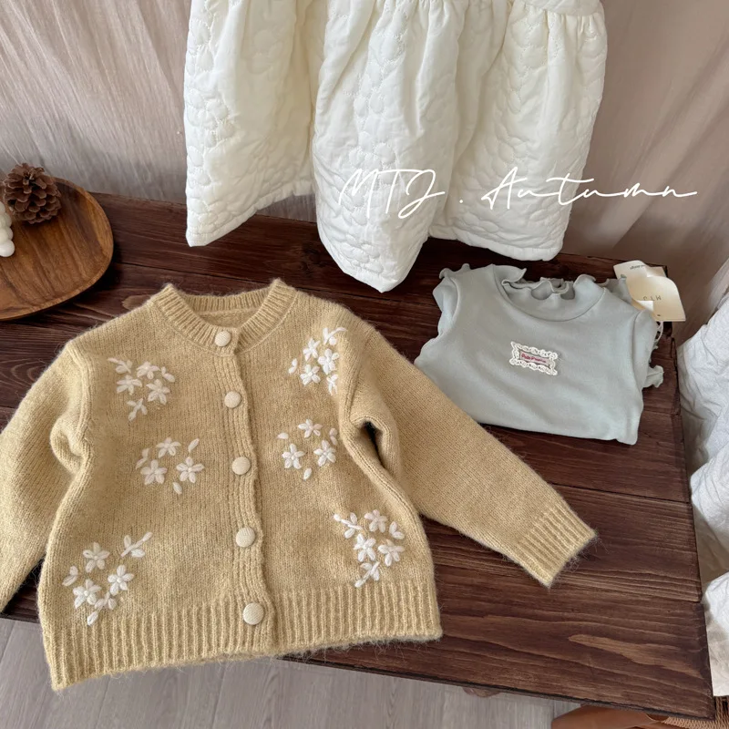 2025 Autumn Winter Cotton Girls Yellow Sweater Cardigan Warm Thick Sweet Flower Knitt Jumper Children Kids 3y-10y Crochet Wool