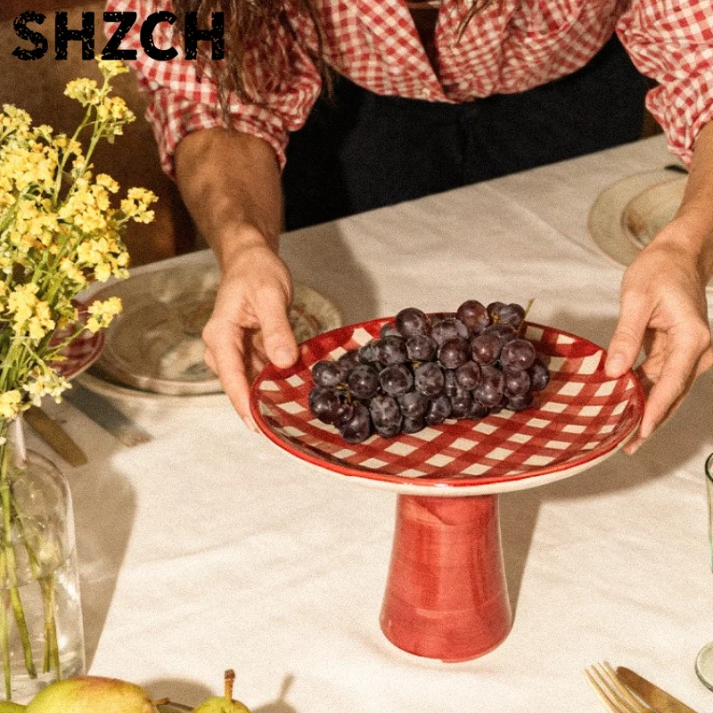 Classic Red and White Checkered Cake Stand Ceramic High-foot Cake Plate Dessert Display Stand for Parties, Weddings, and Gift