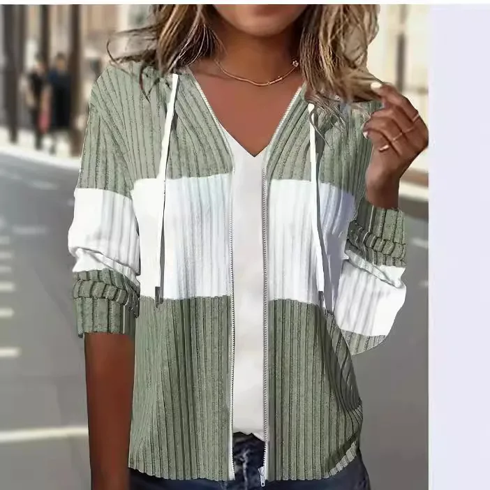 

2025 Новый удобный повседневный многоцветный сращенный ​ ​ Женская куртка Модный вязаный кардиган в рубчик с длинными рукавами и свободной молнией