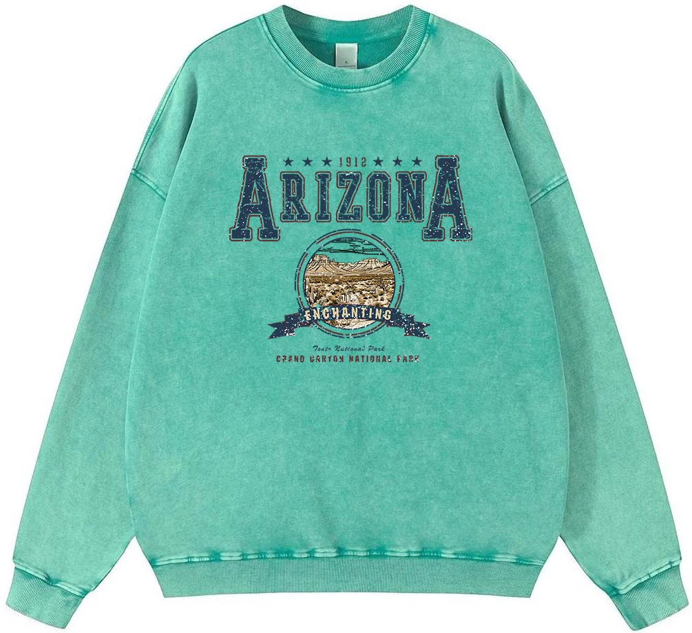 

Arizona Letter And Pattern Design Men'S Vintage Washed Cotton Sweatshirt Korean Fleece Pullover Simple Crewneck Hoodie