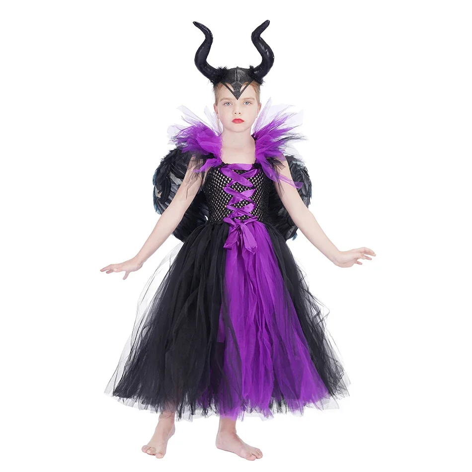 Kids Maleficent Halloween Cospaly Costume Girls Dress Deluxe Girls Black Glam Gown Dress Kids Demon Evil Queen Witch Clothes