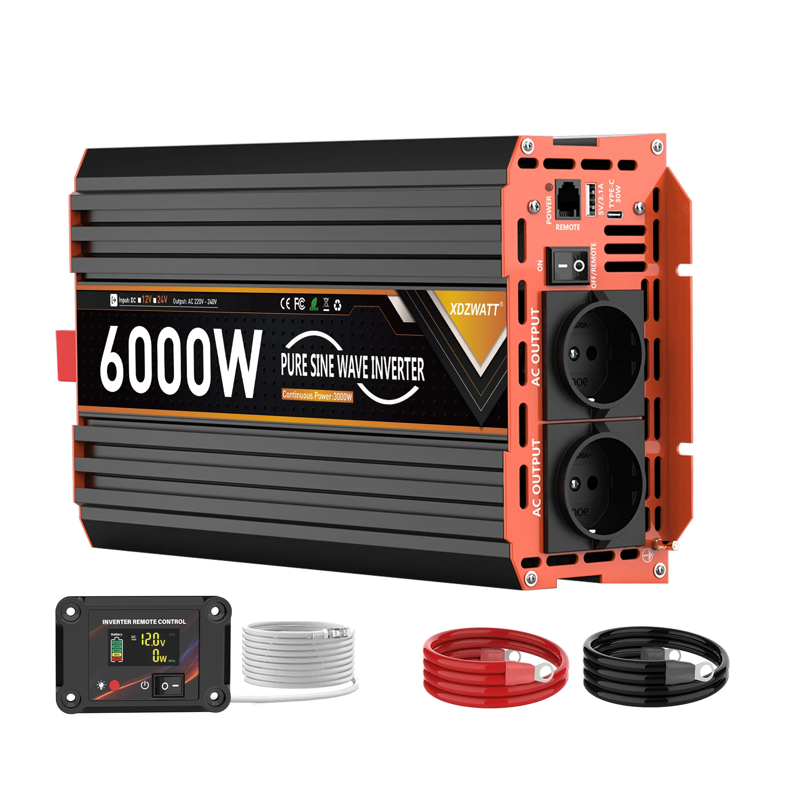 6000 W Spitzenleistung Reiner Sinus-Wechselrichter DC 12 V 24 V zu AC 230 V 50 Hz EU-Buchse LCD Auto Voltmeter Konverter Transformator LCD