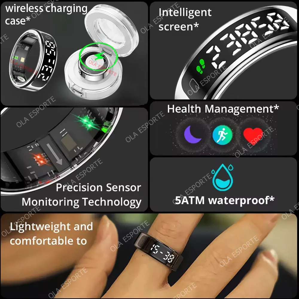 R13 Smart Ring with Display Screen and Touch,Wireless Charging Case,Health Manager,5ATM Waterproof Men Women Ring For Android OS