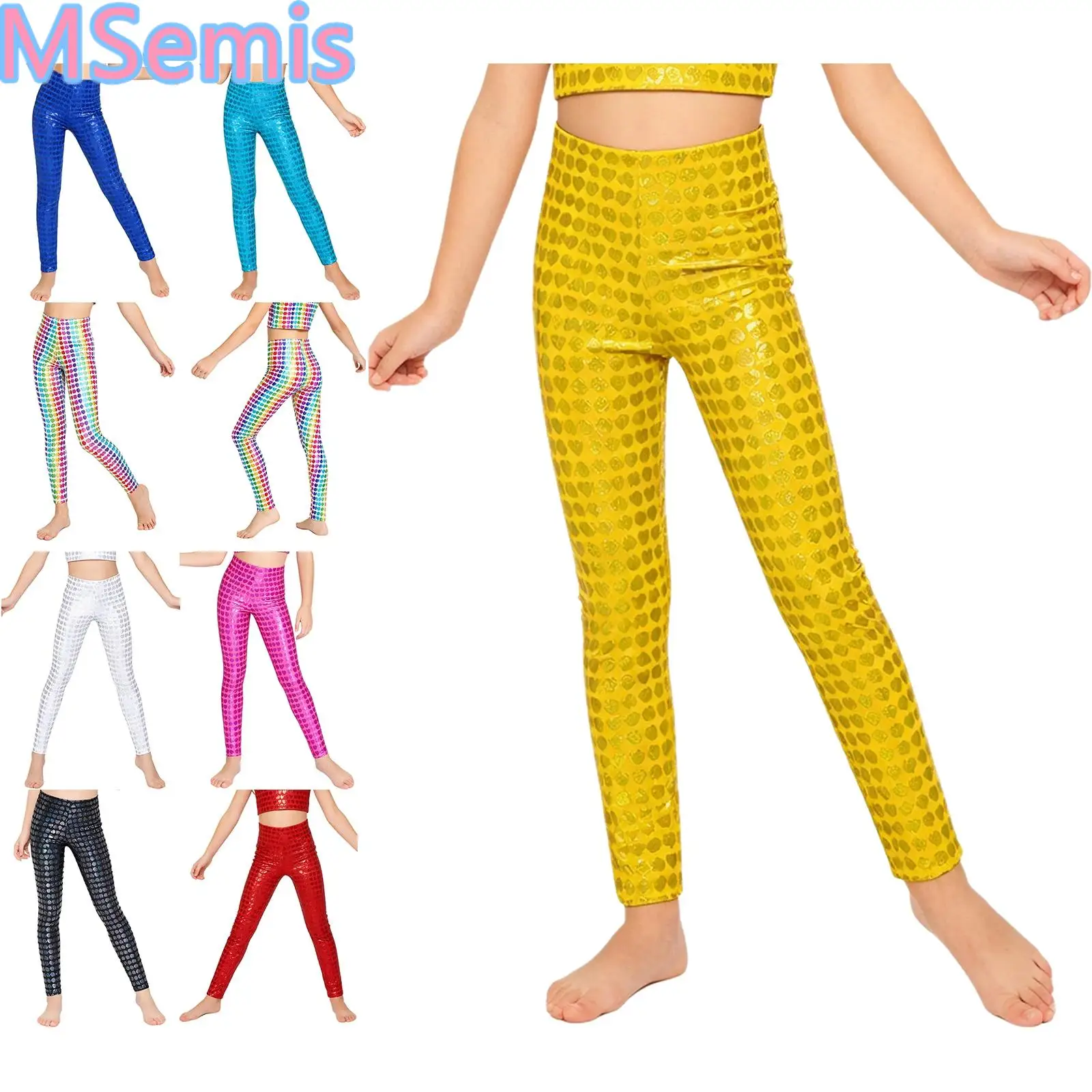 Kids Girls Metallic Heart Printed Yoga Sport Leggings Pants Elastic Waistband Skinny Pants for Dance Performance School Show