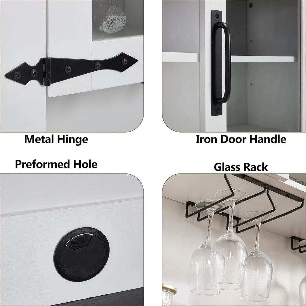 슬라이딩 헛간 문, 유리 선반 및 서랍이 있는 소박한 흰색 농가 스타일 와인 캐비닛