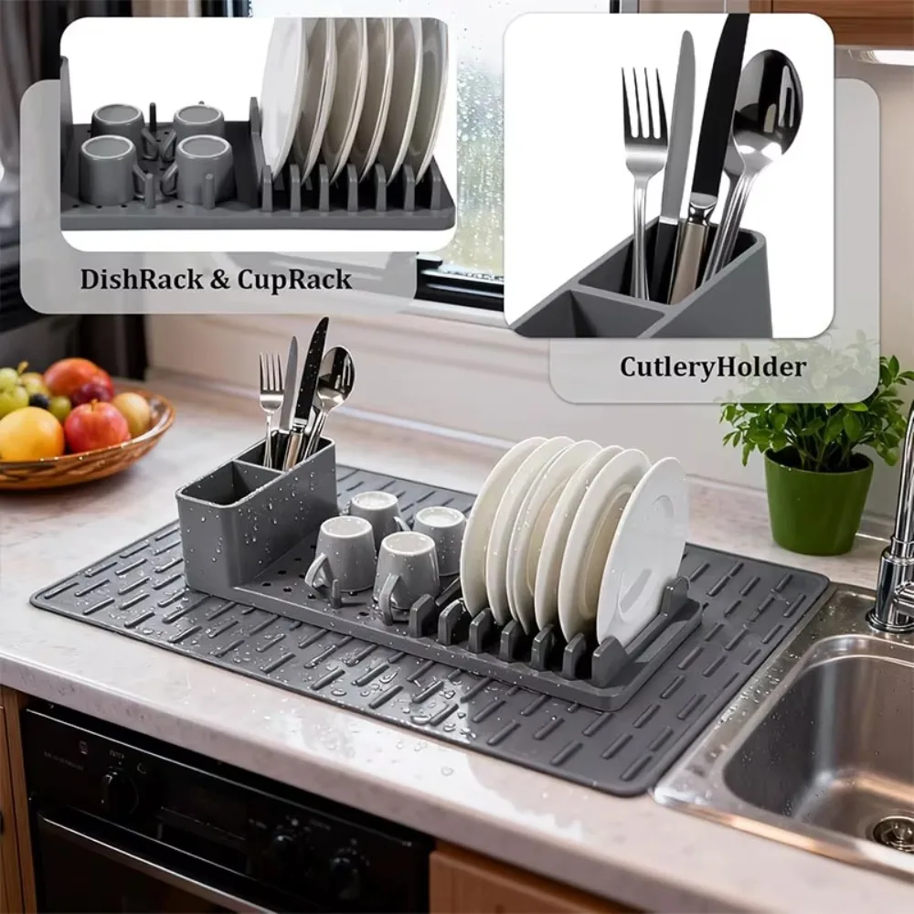 

Silicone Dish Drying Rack Folding Heat-resistant Sink Dish Organizer Drain Design Thickened Tableware Storage Holder