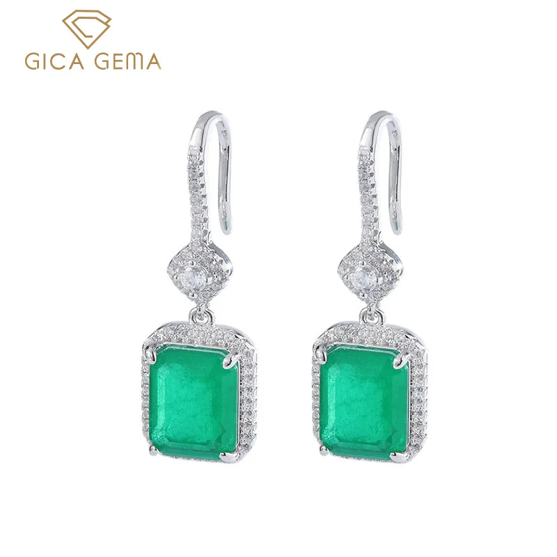 GICA GEMA Women Vintage Earrings Real 925 Sterling Silver Created Emerald 30mm Ear Drop Fashion Female Fine Jewelry Promise Gift