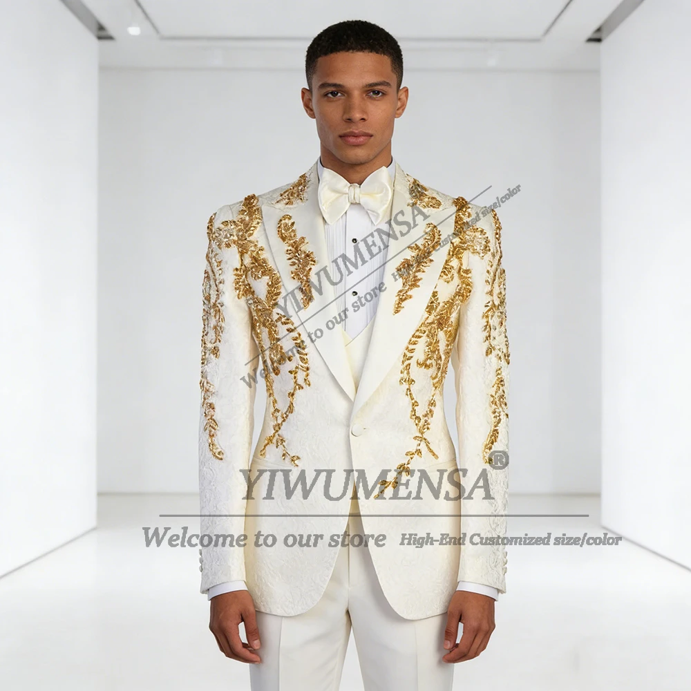 

Beaded Stones Suit Attire For Men Floral Pattern Beaded Groom Wedding Tuxedos Customized 3 Piece Set Man Banquet Prom Blazers