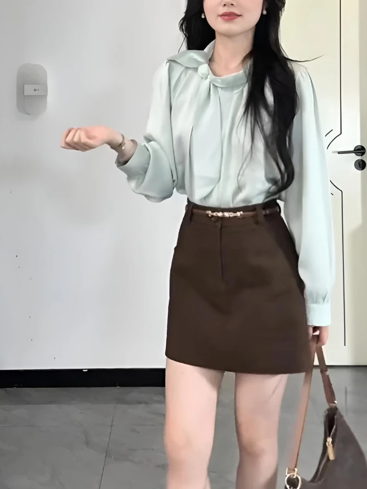 Korean Fashion Elegant 2 Piece Set Women Slim Long Sleeve Lace-Up Shirt+ High Waist Belt A-Line Skirt French Casual Solid Outfit