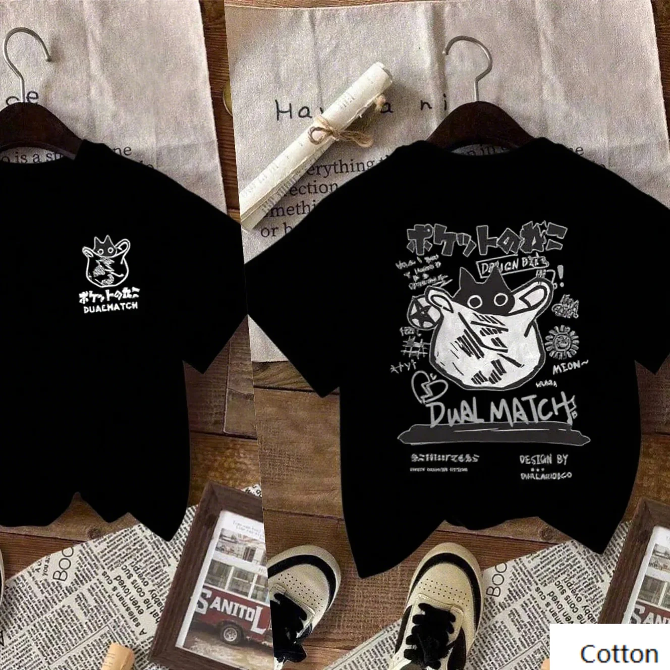 

Cotton T Shirt Cute Cat in Bag Graphic Print Trendy Printed Brand Pure Cotton T-shirt Short Sleeve Unisex Round Neck Versatile