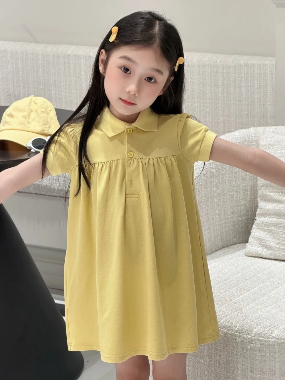 

baby dress kids girl clothes baby dress tender yellow sweet girl's dress Student style lapel summer dress