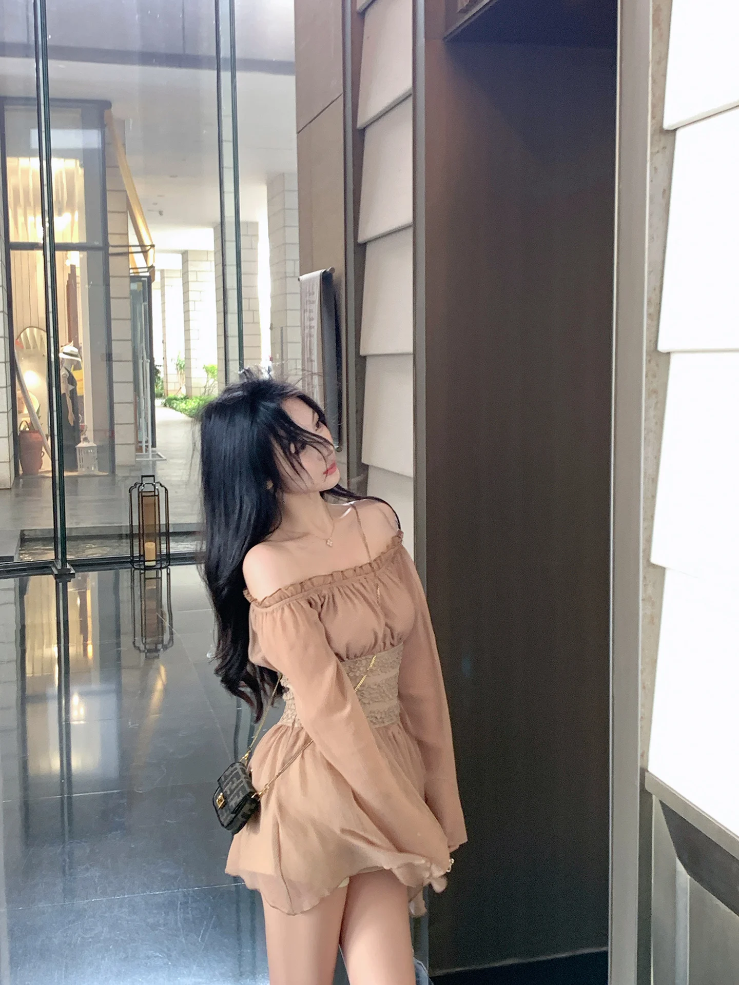 

Pure Desire Style ZhouYeye Shoulder Bared Chiffon Dress Women's Spring Summer New Shirt Pure Desire Style Sweet Style