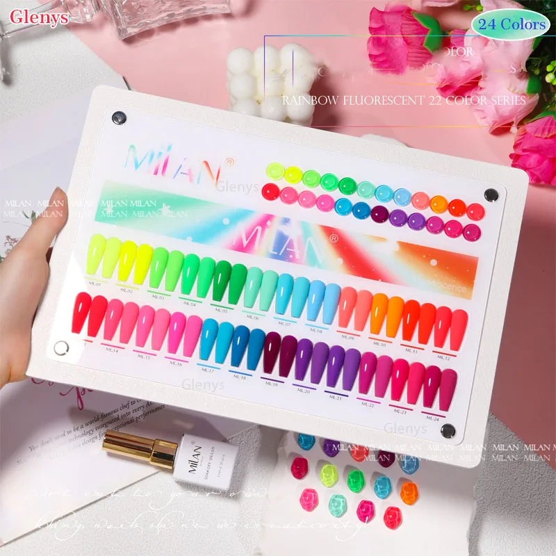 Glenys 24 color fluorescent nail polish glue popular bright dipping gel color matching card nail salon varnish set 15ml