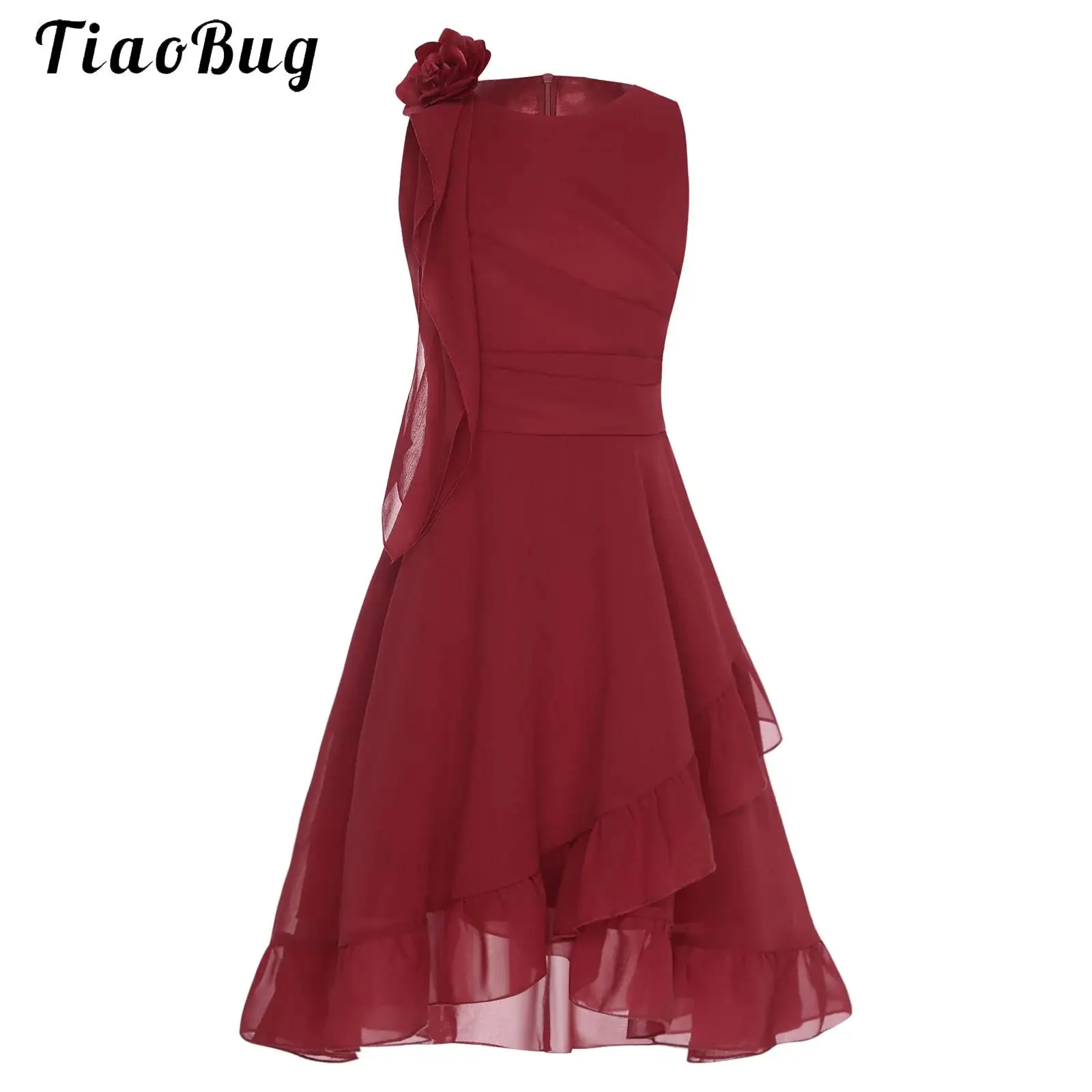 

Girls A-line Asymmetrical Chiffon Junior Bridesmaid Dress With Flower Ruffles Trim Flower Girl Dress Wedding Summer Knee Length