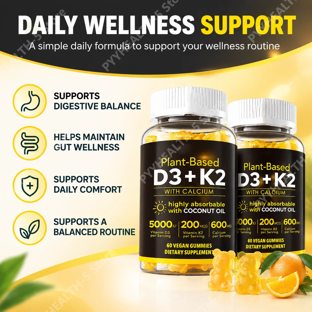 Plant-Based Vitamin D3 K2 Gummies with Calcium & Coconut Oil Supports Bones Calcium Absorption Immune 60 Vegan Gummies