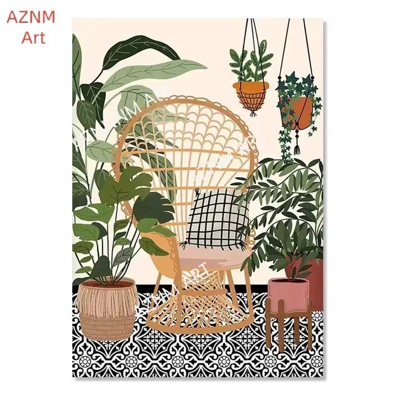 Modern Wall Art Canvas Painting Nordic Greek Tile Botanical House Plants Art Poster Boho Green Leaves Decor Picture Home Deco view 5