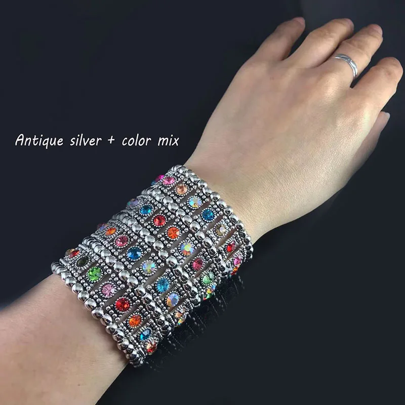 Luxury Bracelet for Women Elastic Multi-Layer Inlaid Color Rhinestones Wide Hand Accessories  Free Shipping