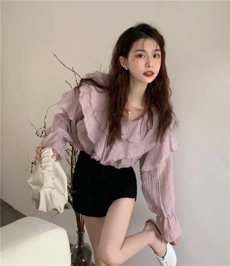 Solid Blouse Women All-match Ruffles V-neck Loose Preppy Style Long Sleeve Simple Fashion Thin Breathable Streeetwear Ins Slim