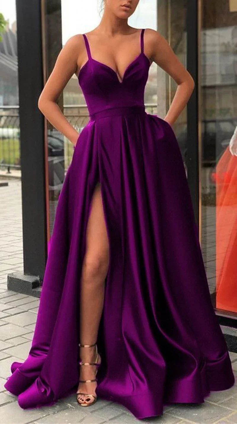 

Purple Spaghetti Straps V-neck Long Prom Dress With Pockets Side Slit Evening Gown Simple Satin Party dresses Customized