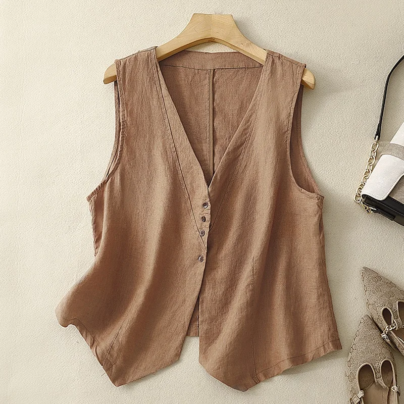 

Retro Artistic Linen Vest Women's Summer Outerwear V-ne Svel Loose Slimming Cotton Linen Top Trendy Button-up