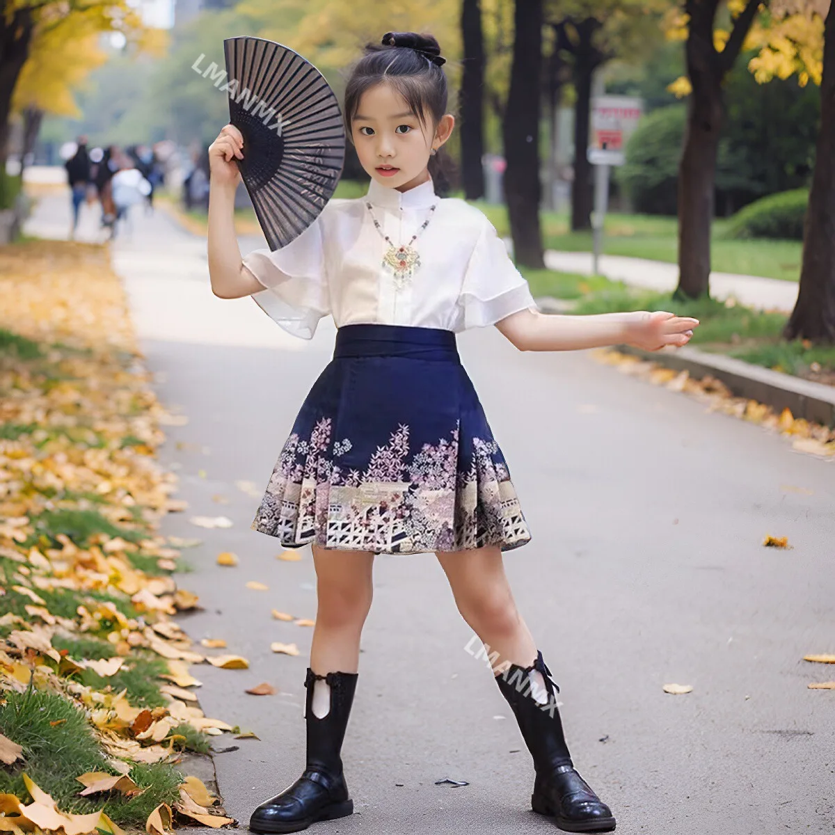 Girls' Chinese style short horse face skirt 2024 summer new item girls Hanfu mid size children's short sleeved skirt set