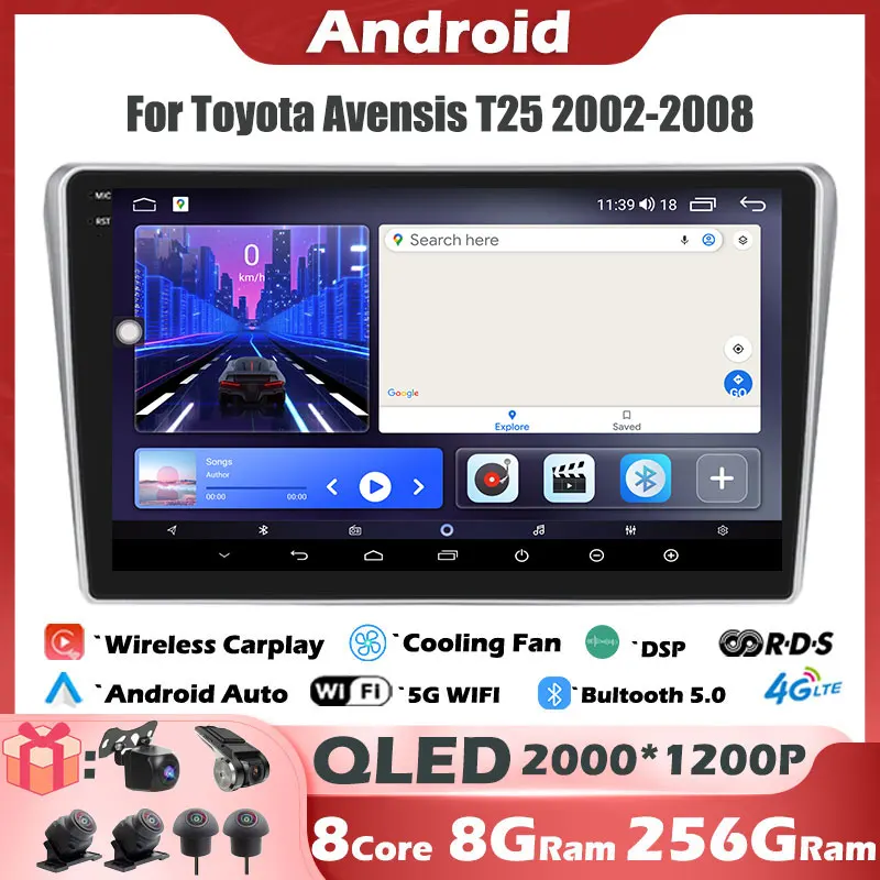 

Автомагнитола 9 дюймов для Toyota Avensis T25 2002-2008 Android 14, мультимедийный видеоплеер, стерео навигация GPS Carplay 4G Lte + WIFI