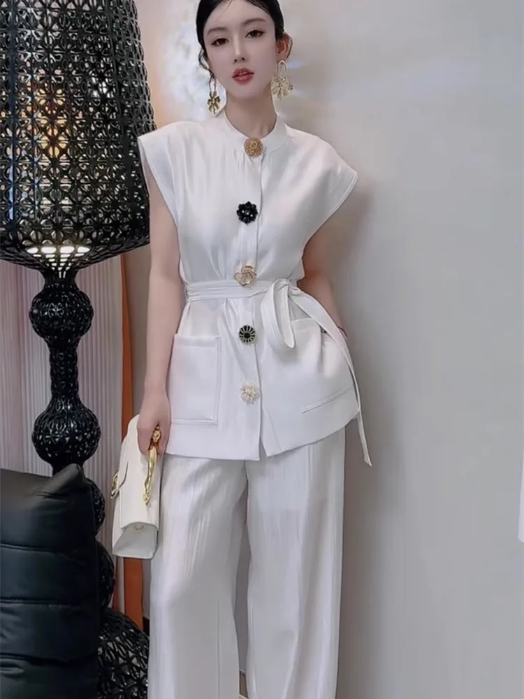 2025 Estate nuova moda sottile fascia alta leggera lusso industria pesante top camicia pantaloni casual dritti set per le donne