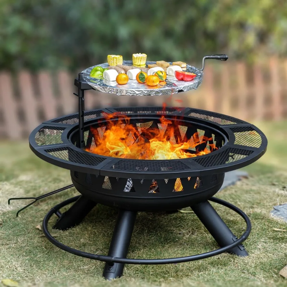 

36 Inch Fire Pit with Grill and Lid, Three in One Large Fire Pit with Spark Screen and Fire Poker Card