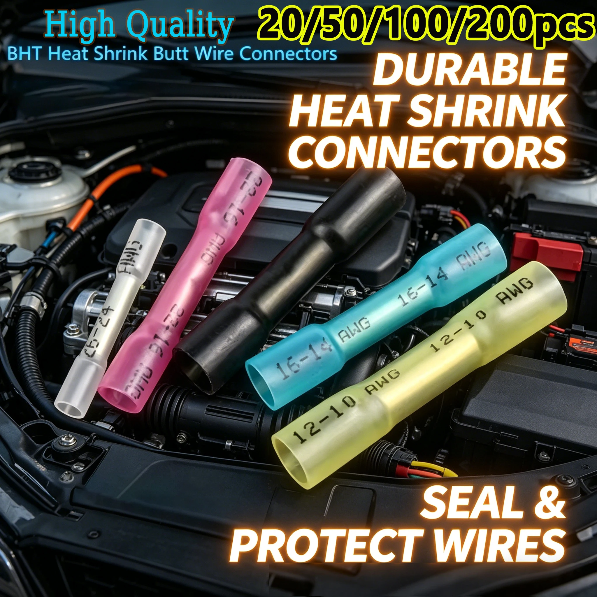 

50-1000Pcs Heat Shrink Butt Connectors - Waterproof, 6 Sizes, 5 Colors for Boat/Auto/Marine