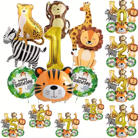 9pcs/set Jungle Safari Party Animal Gold Digital Balloons Kids Years Birthday Party Decoration Forest Party Supplies Gifts