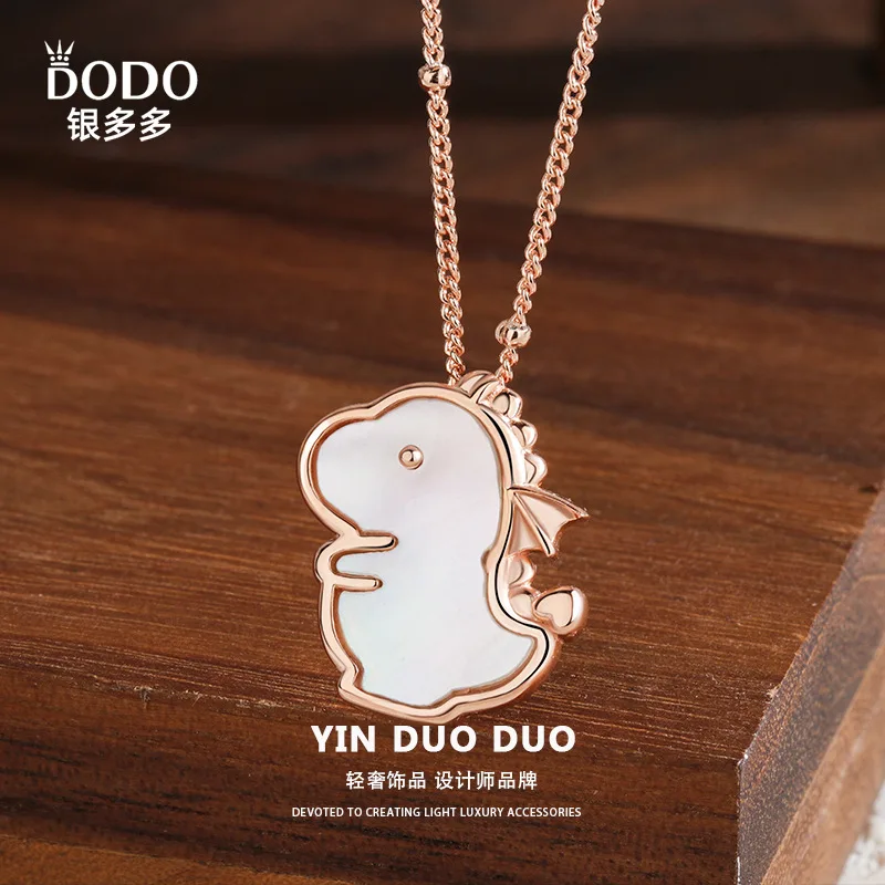 

S925 Sterling Silver Dragon Chain Female Inlaid White Shell Clavicle Chain Cartoon Cute Small Fat Dragon Cartoon Anime Jewelry