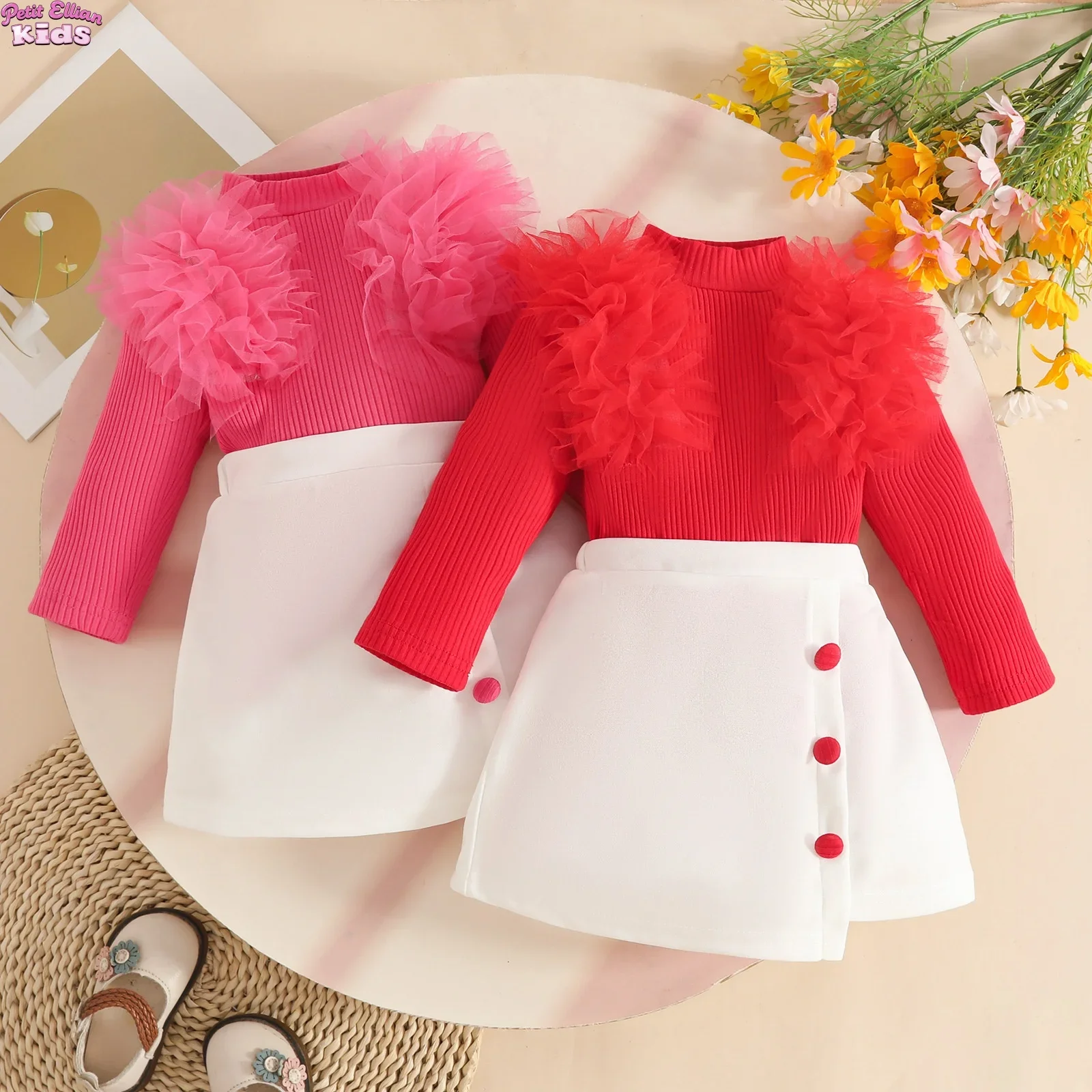 

2025 Детская одежда для девочек от 0 до 3 лет. Комплекты для малышей. Зимне-осенний наряд. Сетчатый топ с рюшами. Трикотажная рубашка в рубчик и белая юбка. Мягкий комплект.