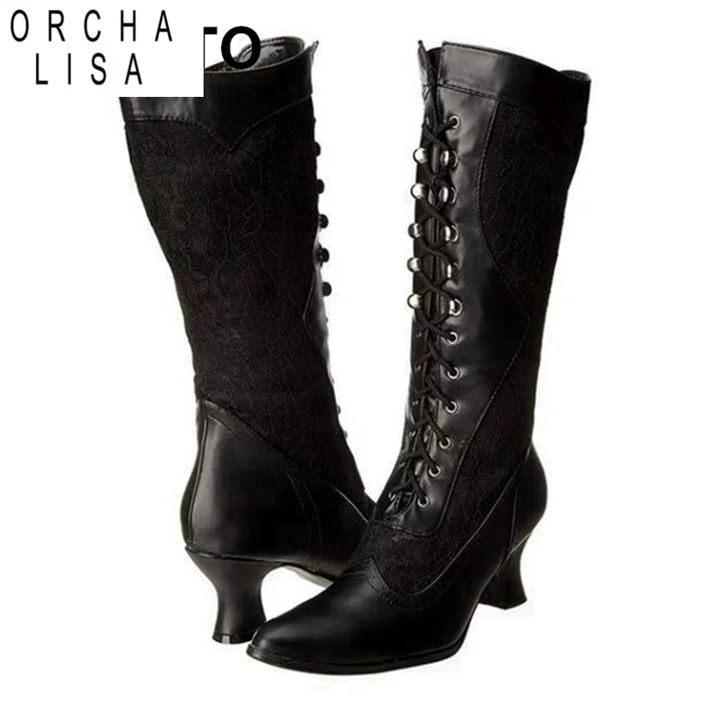 ORCHA LISA 2021 Long Boots for Women Wide Leg Lace Pointed Toe Low Small Heel Cross Strap Black White Big Size S2440