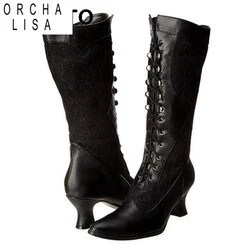 ORCHA LISA 2021 Long Boots for Women Wide Leg Lace Pointed Toe Low Small Heel Cross Strap Black White Big Size S2440