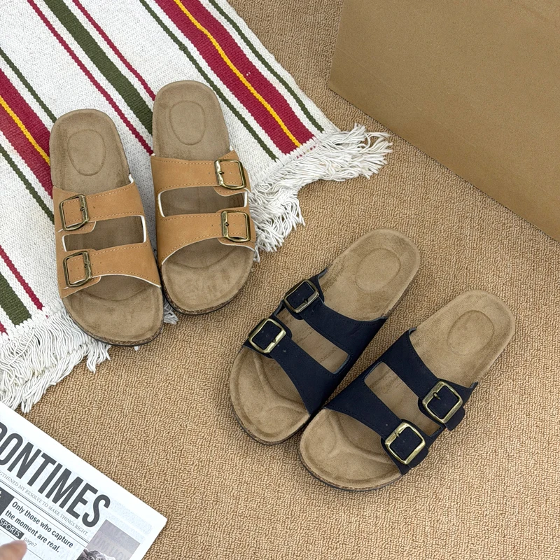 Summer Trend Cork Cool Slippers Couple Double Strap Thick Bottom Outdoor Sandals Anti slip Comfortable Flat Shoes