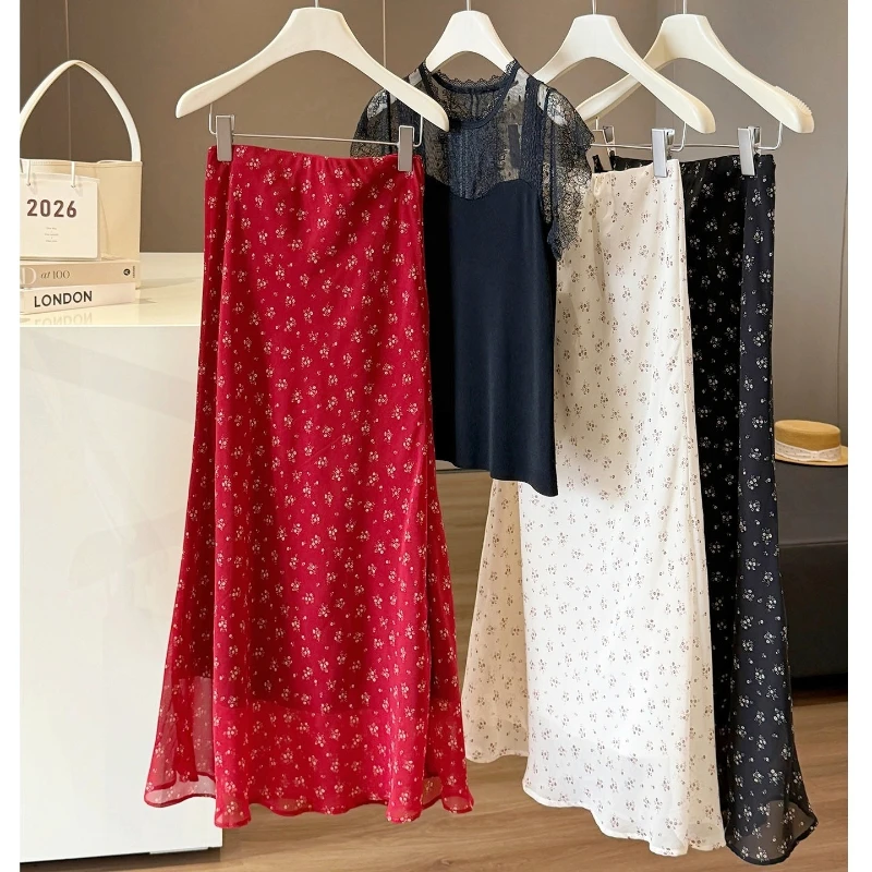 Summer Floral Midi Skirt for Women Red Chiffon Breathable Elegant Fishtail Skirt Butt Wrapped Temperament 2026