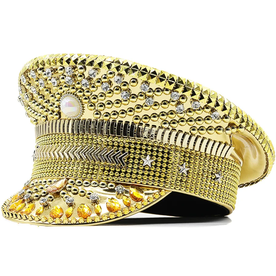

Export Cross-border Diamond-encrusted Bridal Large Cap Flat Top Peaked Cap Gold Colored Diamond Bar Hat Handmade Stage Hat
