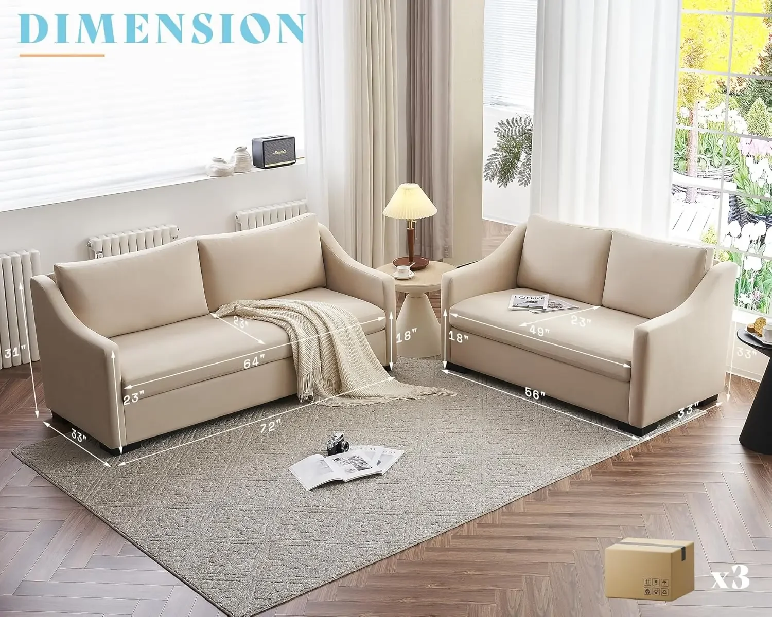 Sofá, cómodo sofá con reposabrazos inclinados, juego de 2 piezas de sofá de asiento extra profundo para sala de estar, apartamento, salón, beige