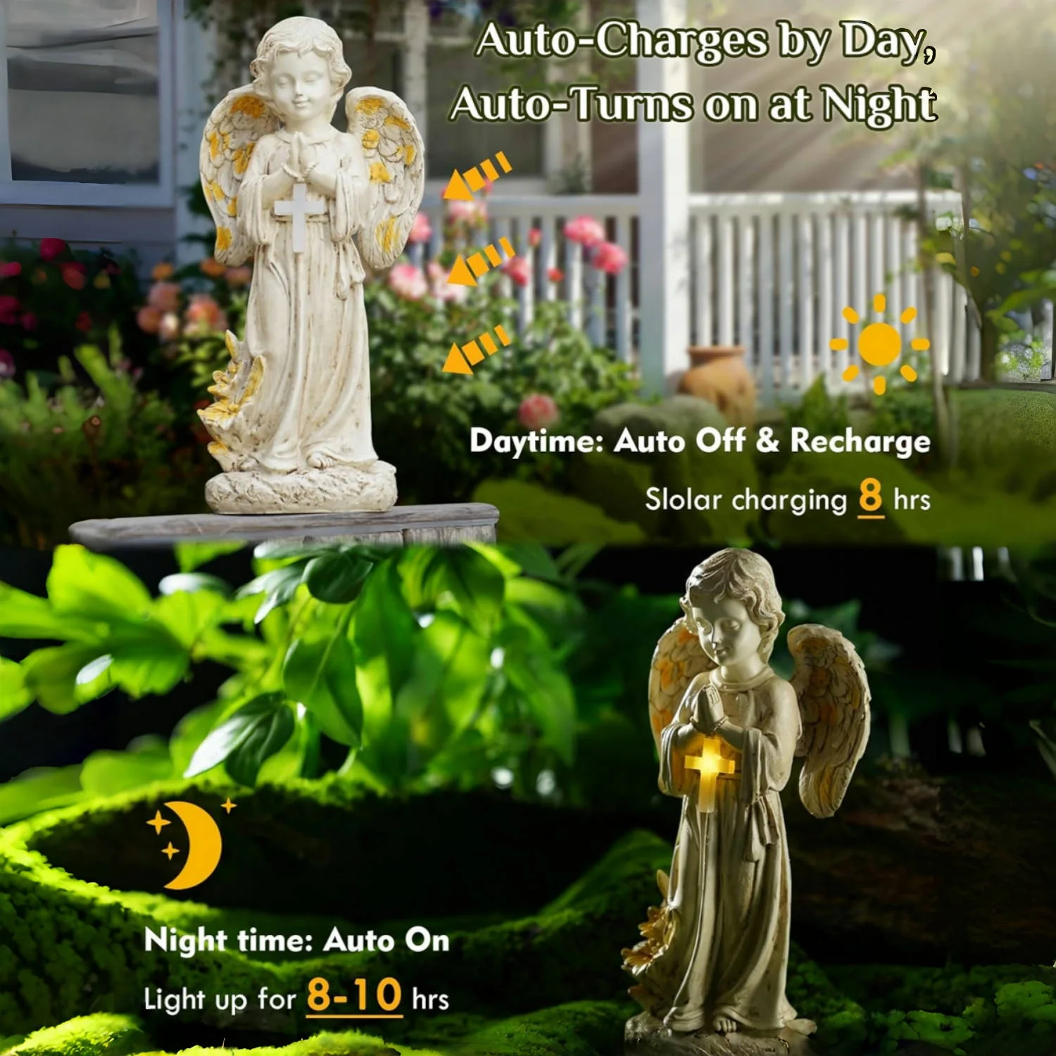 Solar Garden Decor Outdoor Statue, Solar Angel Statues Outside Garden, Solar Resin Prayer Angel with Flower Ornament Light, for Yard Patio Porch Balcony Home Decor view 4